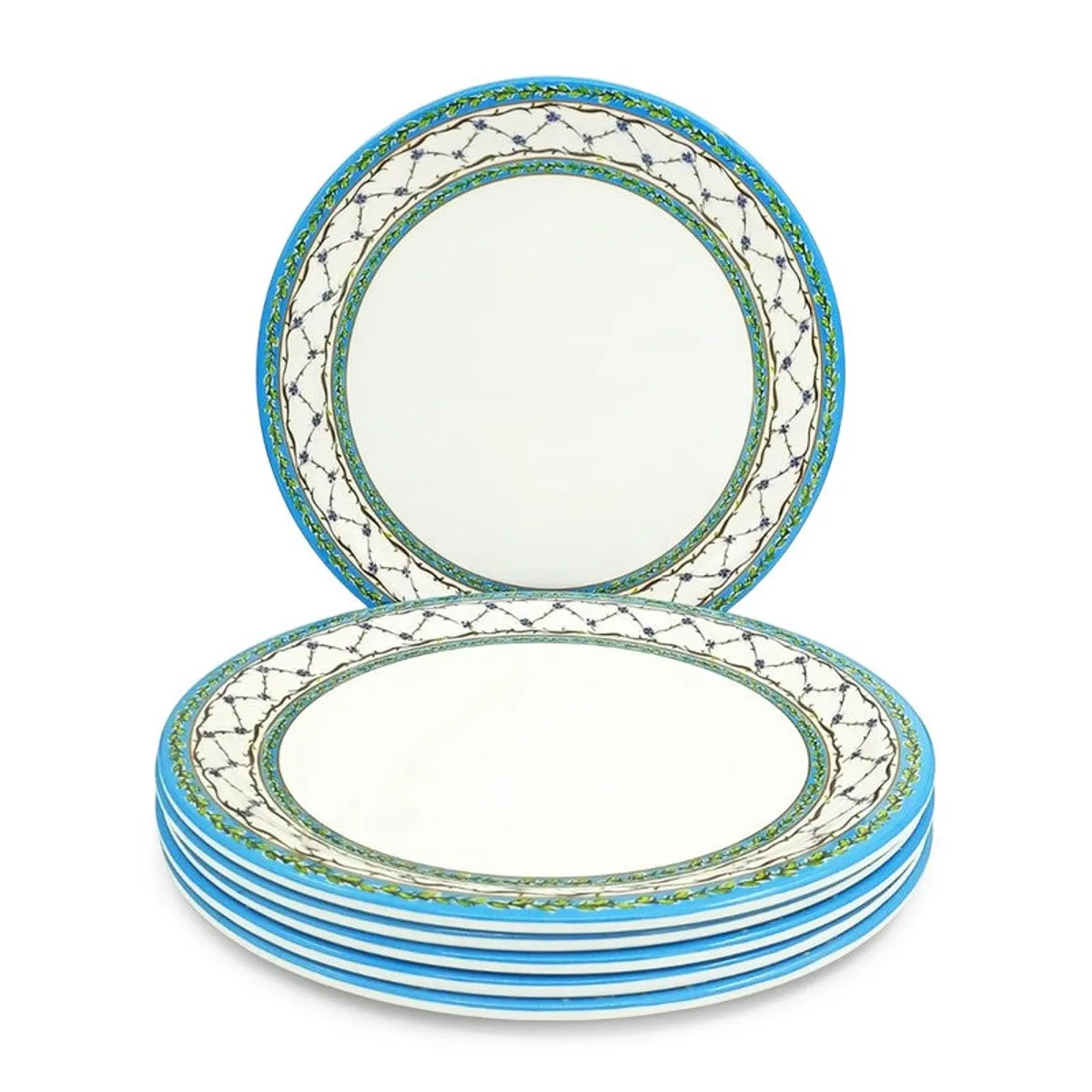 Stack of blue and white patterned dinner plates with one plate upright