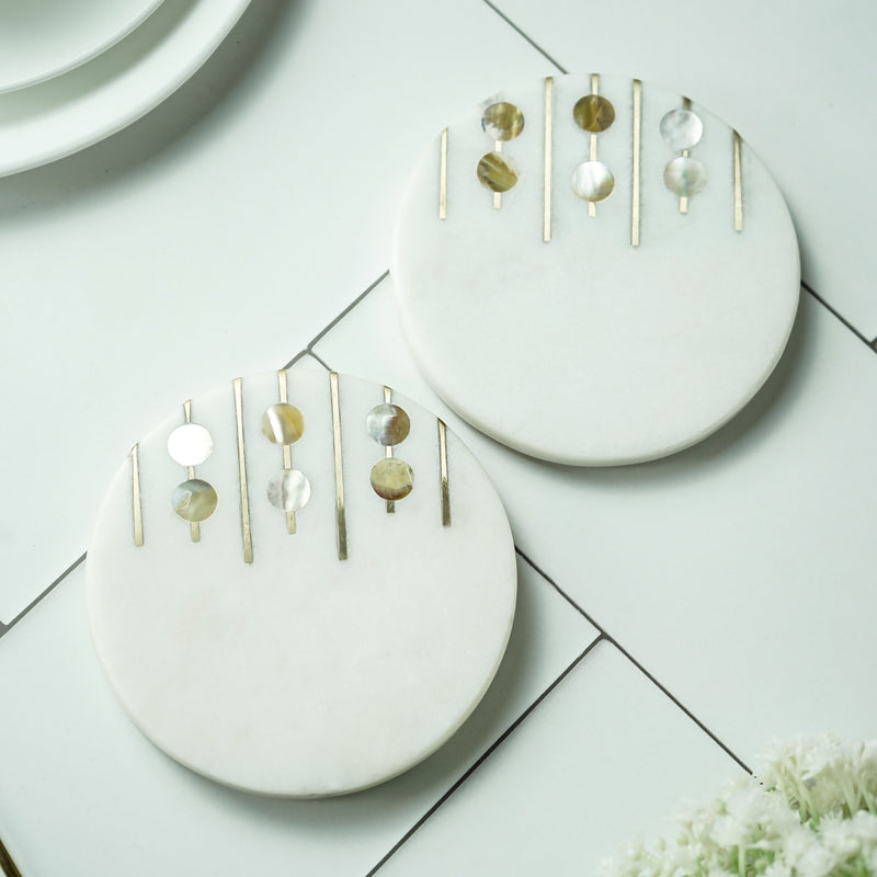 Pearl Charm Marble Coaster With Brass Inlay (White) - Set Of Two