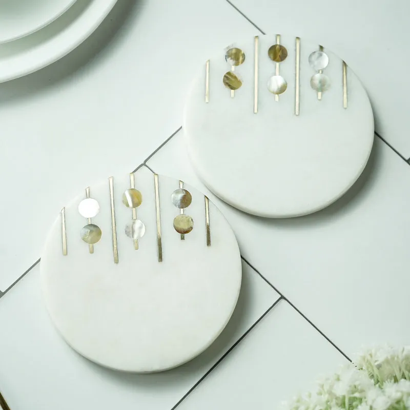 Pearl Charm Marble Coaster With Brass Inlay (White) - Set Of Two media 1