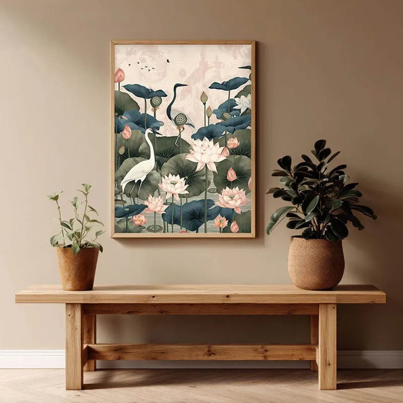 Lotus Garden Birds Canvas Wall Painting With Brown Frame media 8