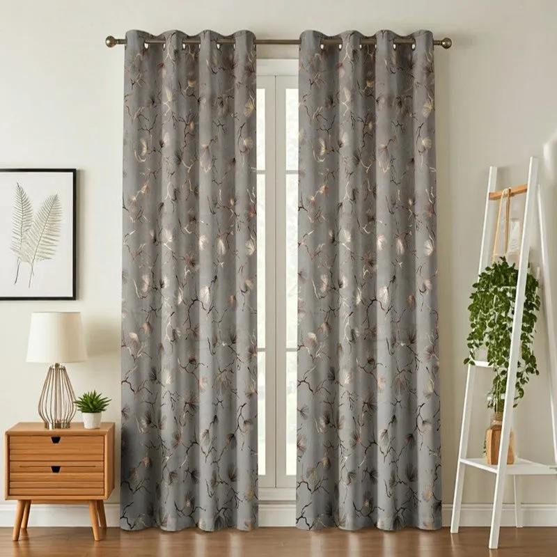 Soft Edge Printed Velvet Curtains (Grey,Gold) - Set Of Two media 1