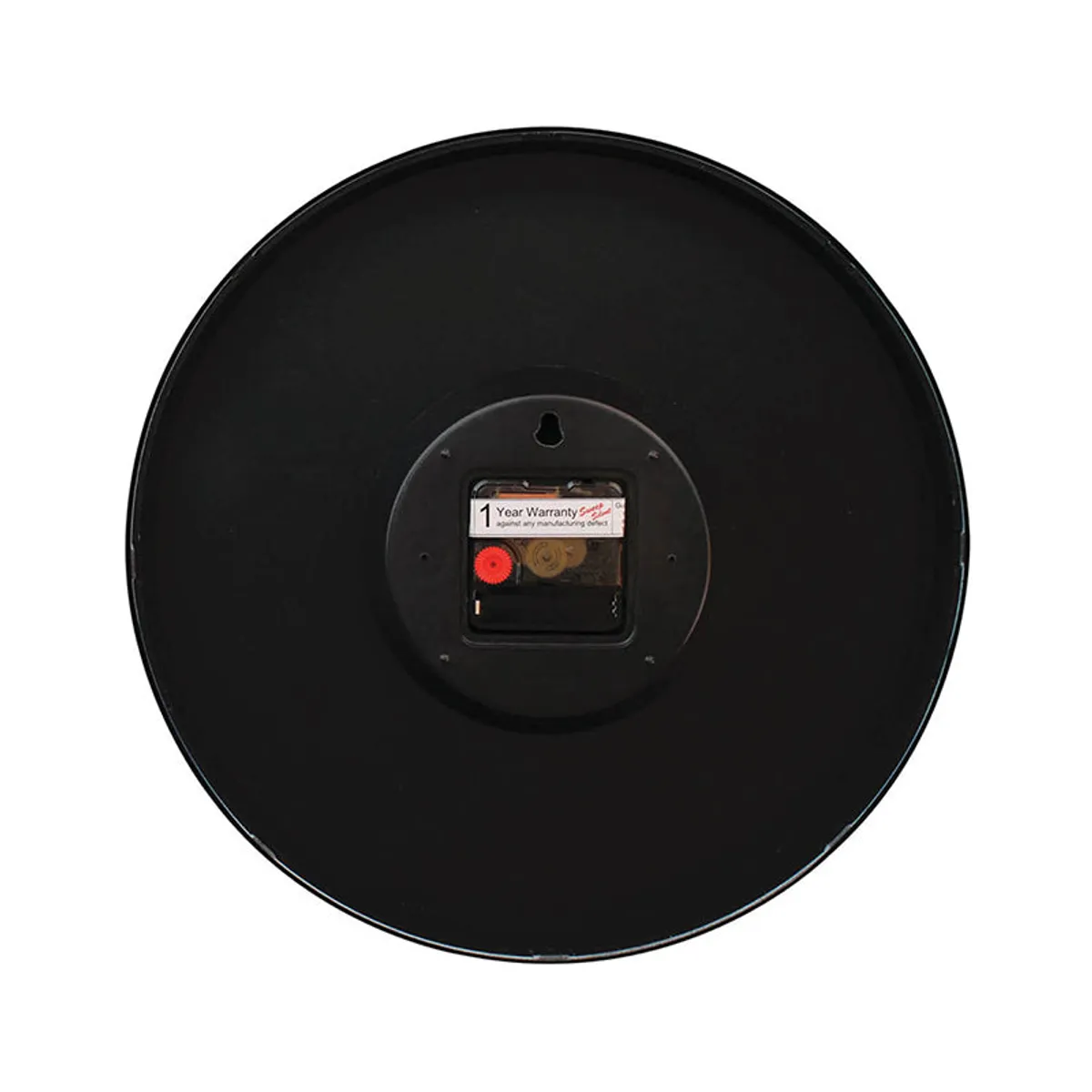 Back view of the round wall clock showing its black rear casing.