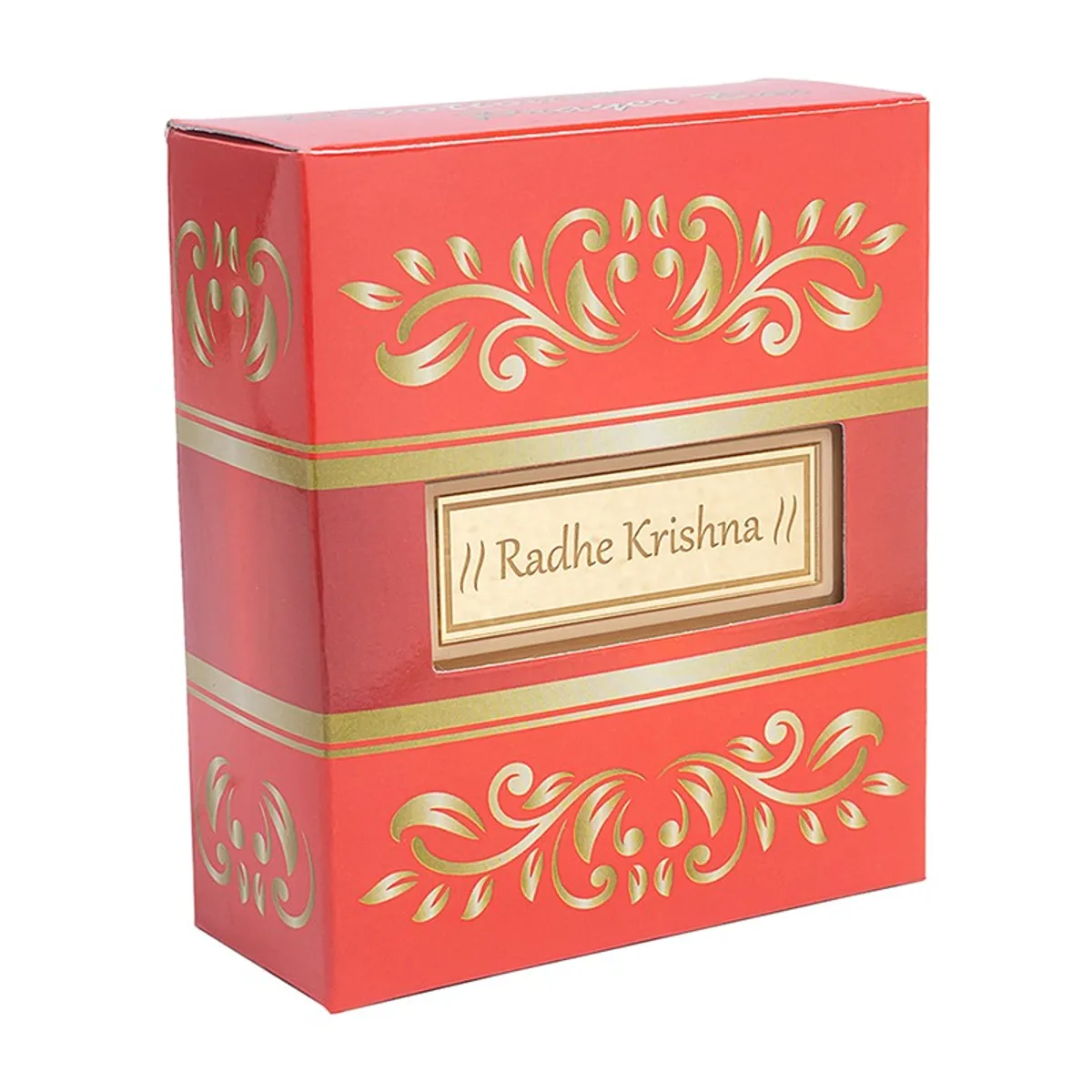 Closed red outer package with gold decorative detailing for the Radha Krishna accent
