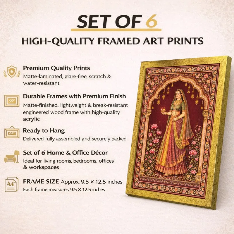 Single framed traditional Indian art print in crimson and gold shown with promotional layout