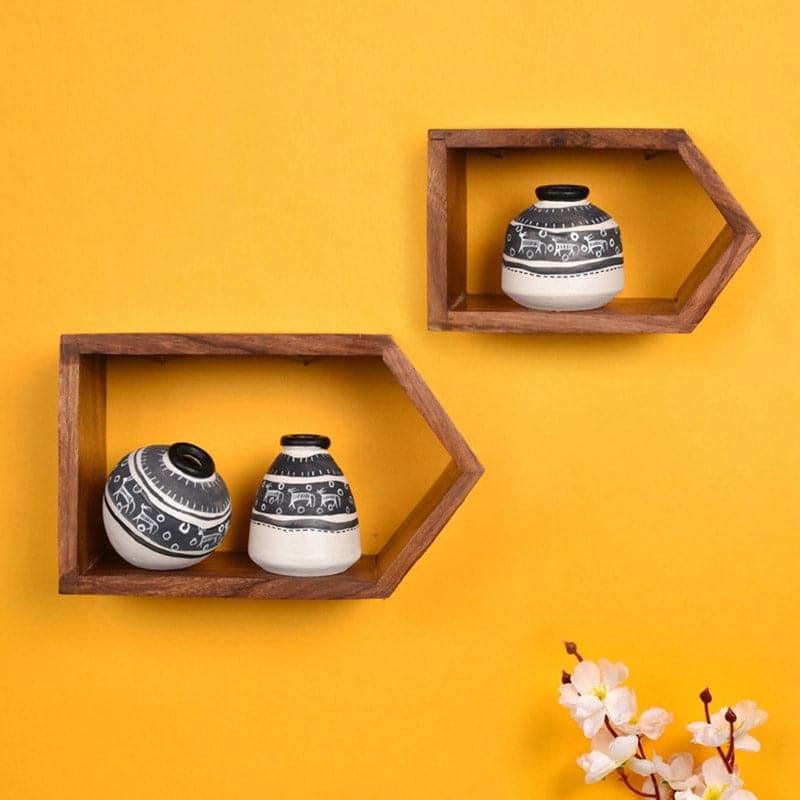 Priyank Warli Wooden Wall Shelf With Pots - Five Piece Set