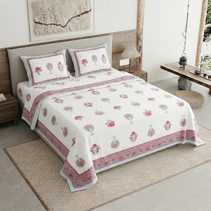 Ethnic Calm Cotton Bedsheet (Pink,White) - 120 TC media 1