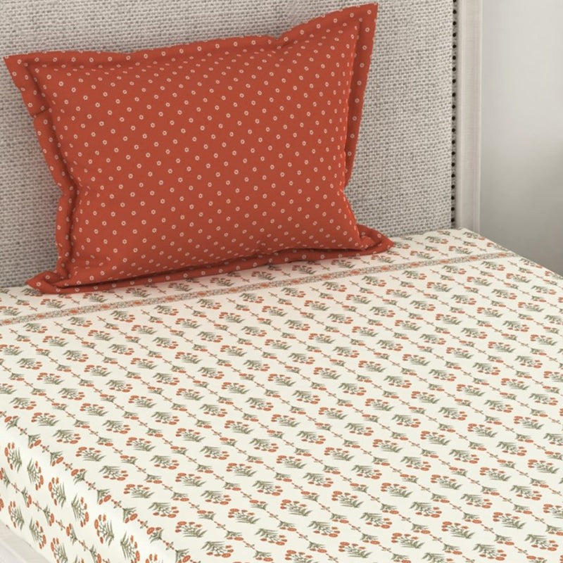 Flowers Of Jaipur Floral Microfiber Microfiber Bedsheet (Green & Orange) - 150 GSM media 3