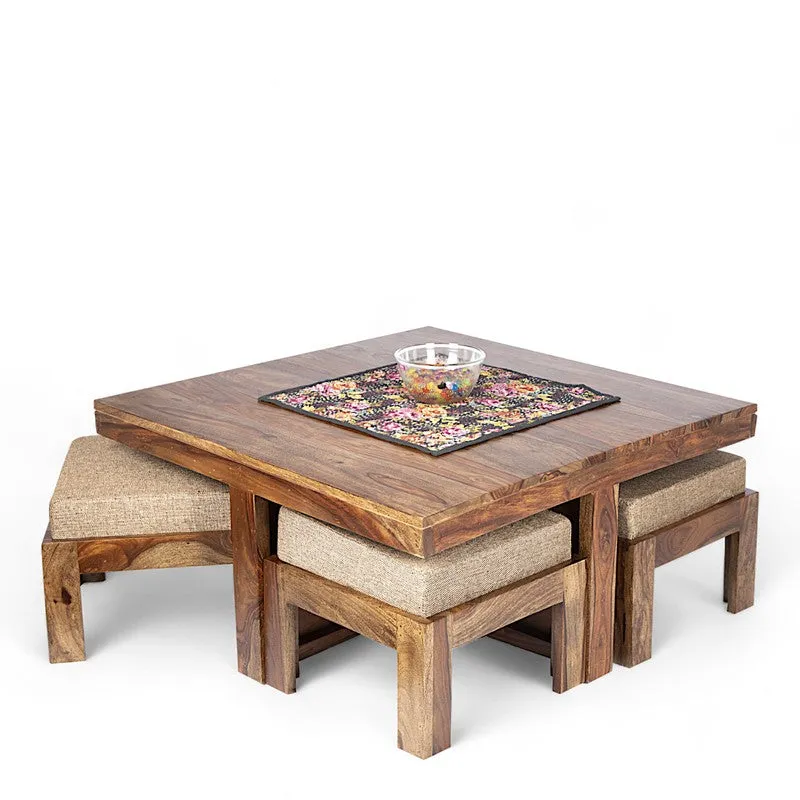 Evrino Sheesham Wooden Center Table with Stools and Cushions (Brown) - Nine Piece Set media 4