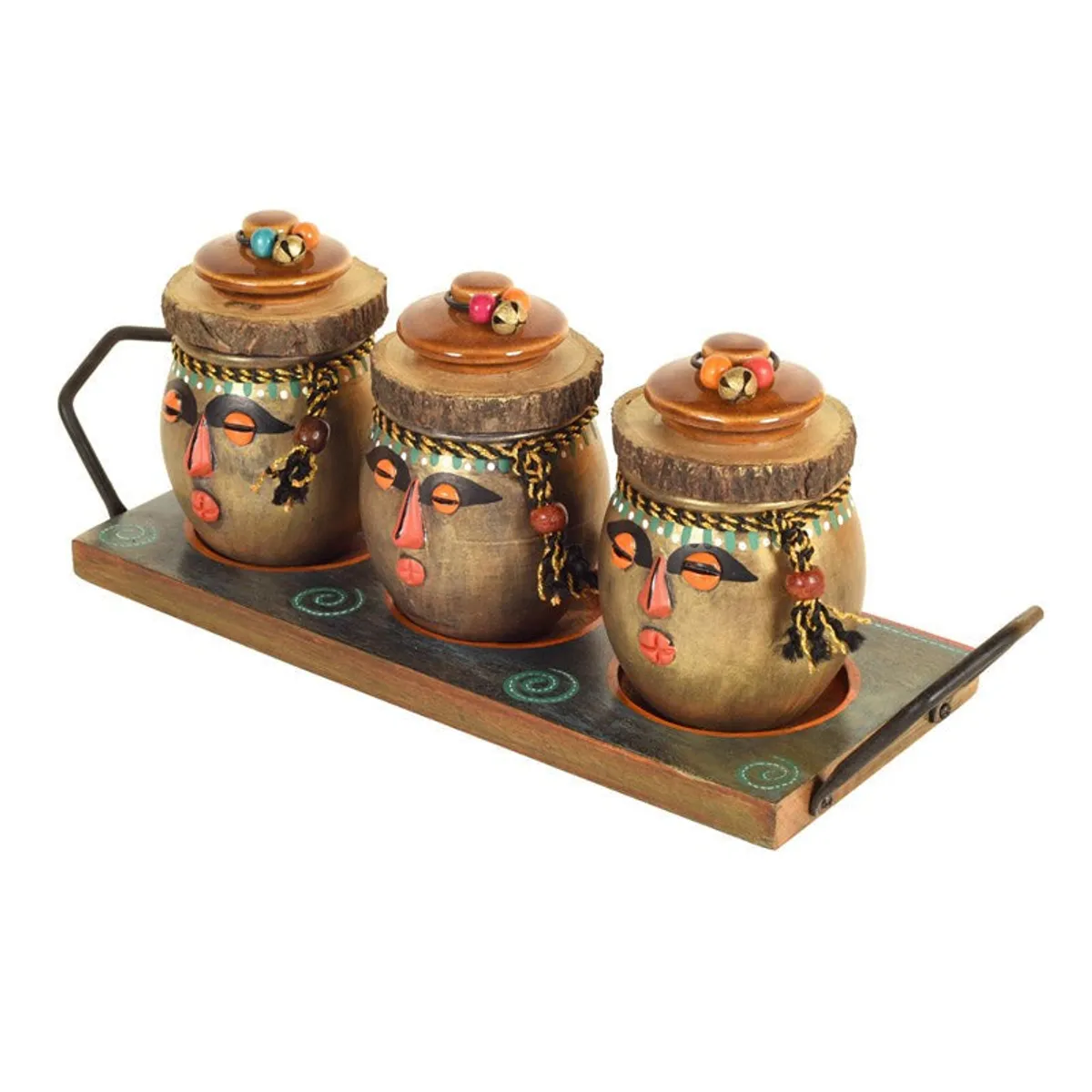 Three colourful face-decorated jars with lids on a rustic wood tray