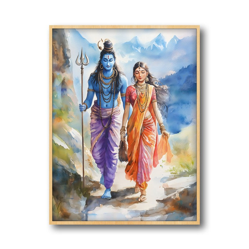 Uma Maheshwara Spiritual Archival Paper Wall Painting - Natural Brown Frame media 5