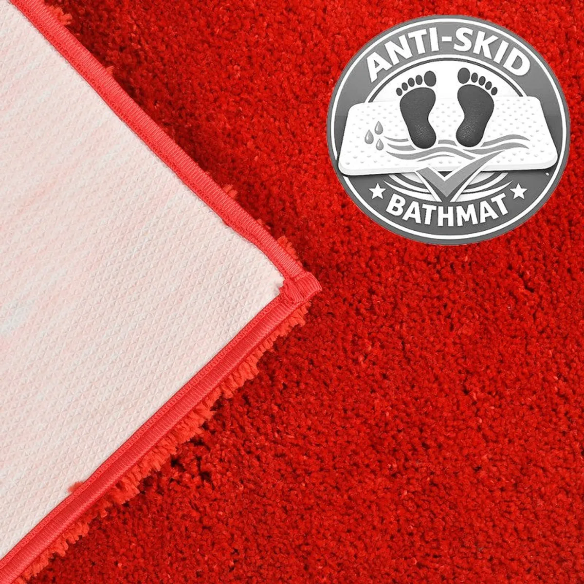 Underside view of red bath mat with anti-skid backing