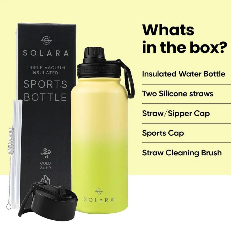 Yellow bottle with accessories and box arranged beside it