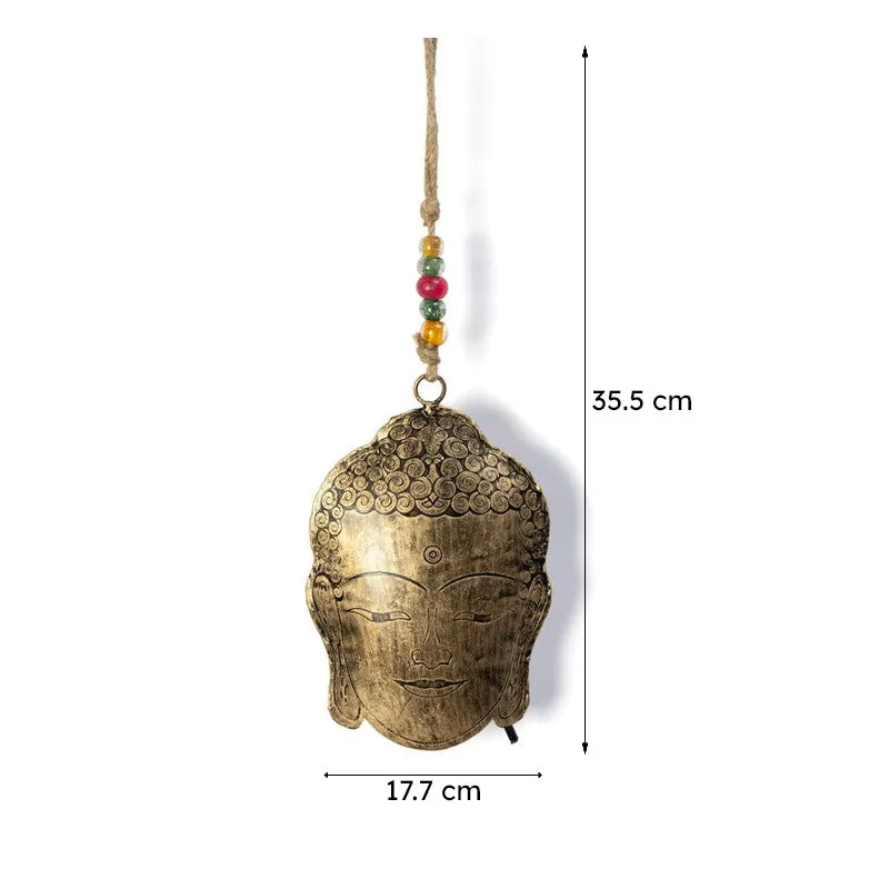 Gold Buddha-face hanging bell shown with vertical and horizontal dimensions