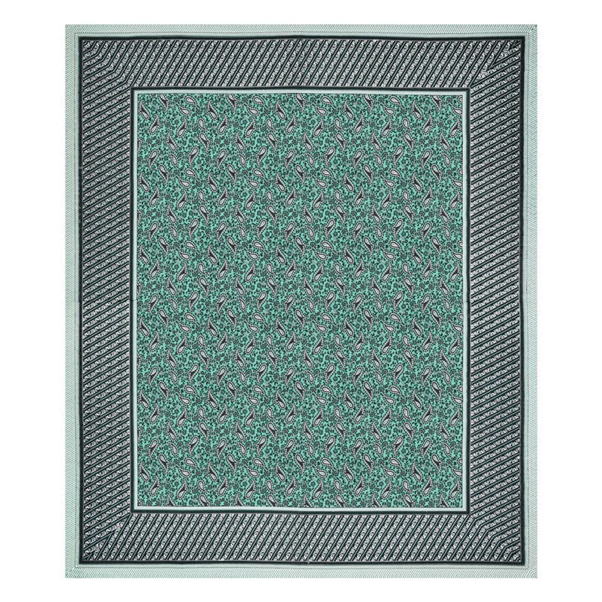 Flat view of green floral paisley bedsheet with a striped border