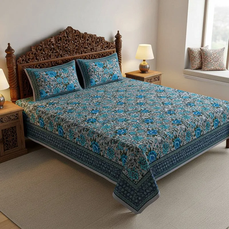 Alderidge Floral Printed Cotton Bedsheet (Blue) - 120 TC media 1