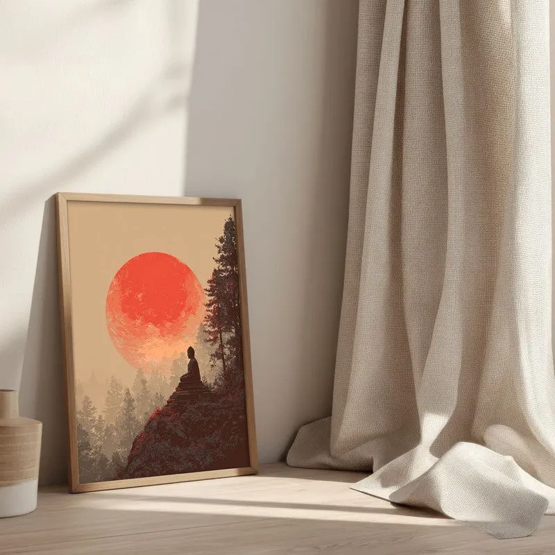 Framed Buddha artwork leaning against a wall beside soft beige curtains