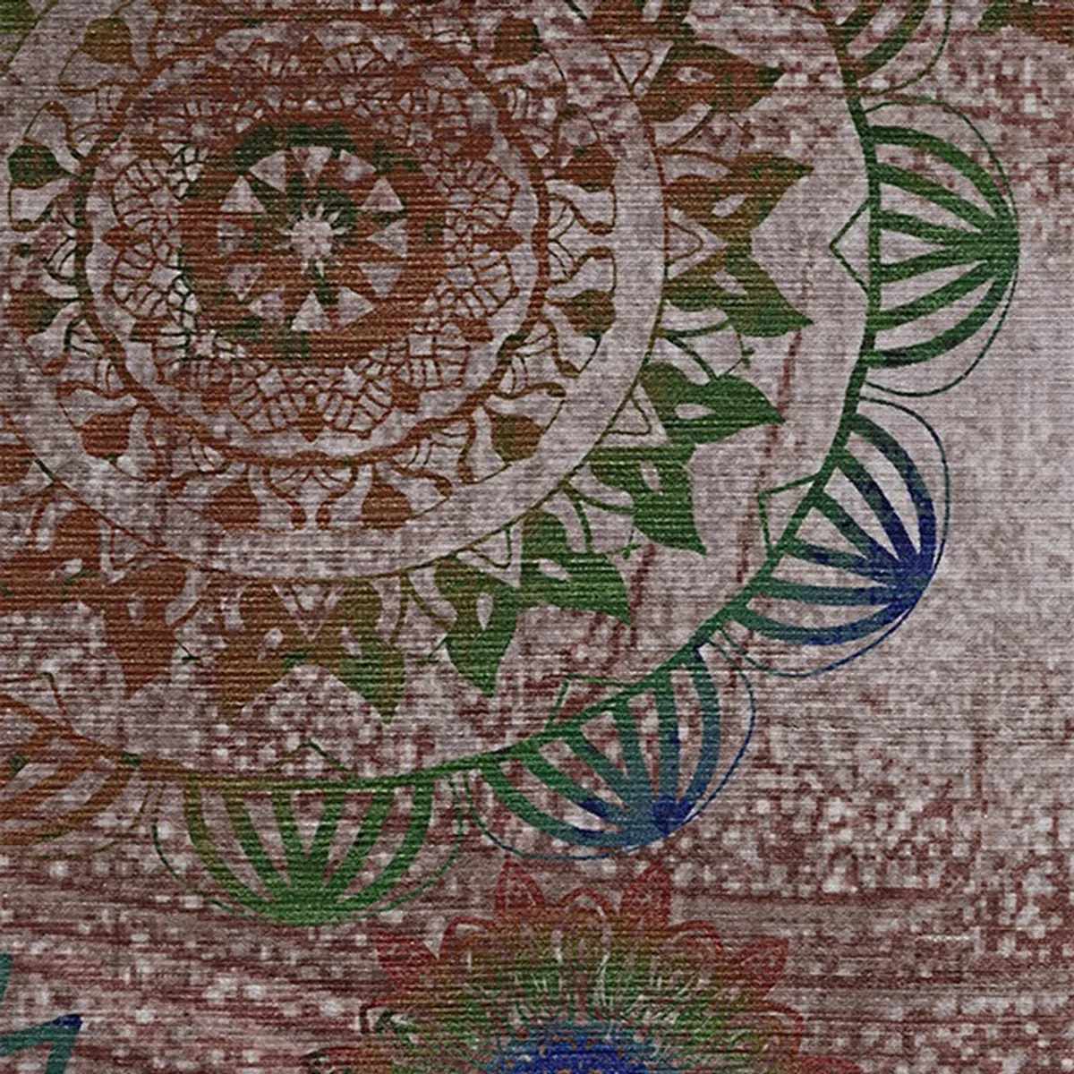 Detailed close-up of the carpet's central multicolour mandala pattern