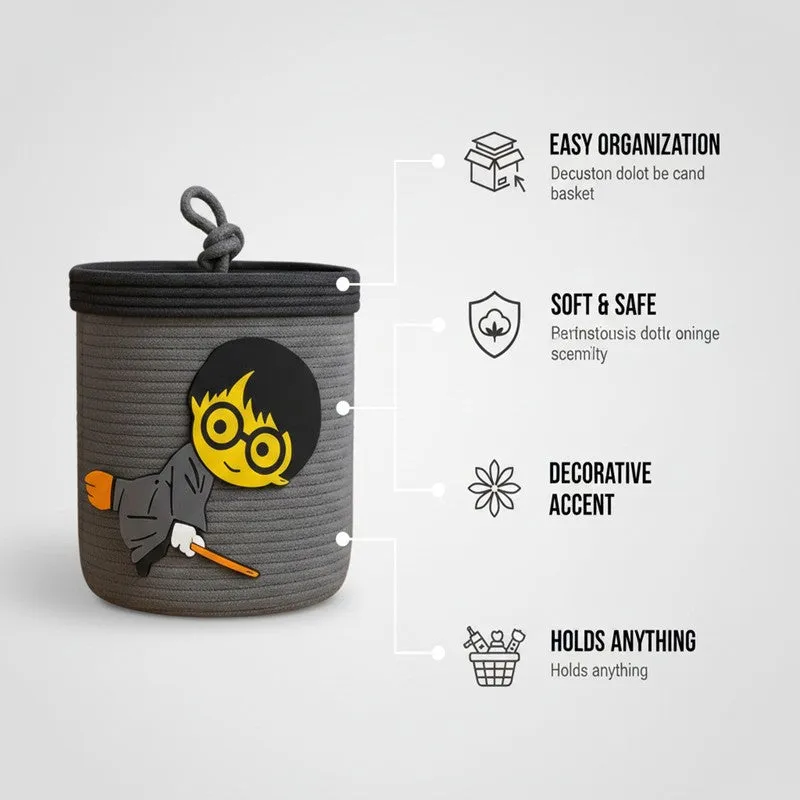 Grey lidded storage basket with wizard design shown with feature callouts