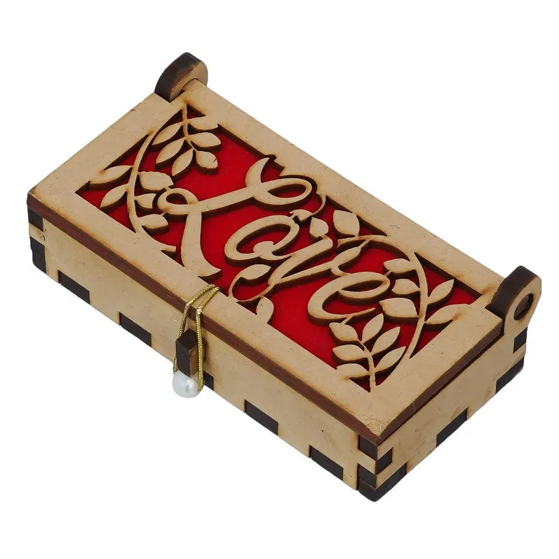 Rectangular wooden gift box with red love design on a white background