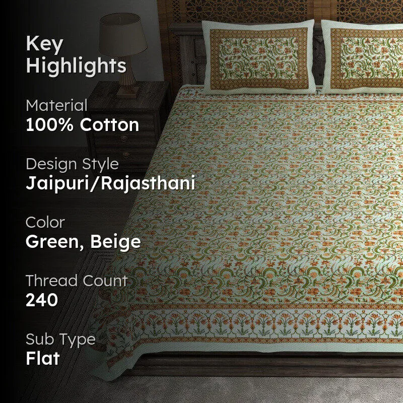 Formio Cotton Bedsheet (Green,Beige) - 240 TC media 2