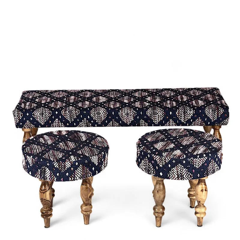 Axion Sheesham Wooden Bench with Stools (Blue) - Three Piece Set media 3