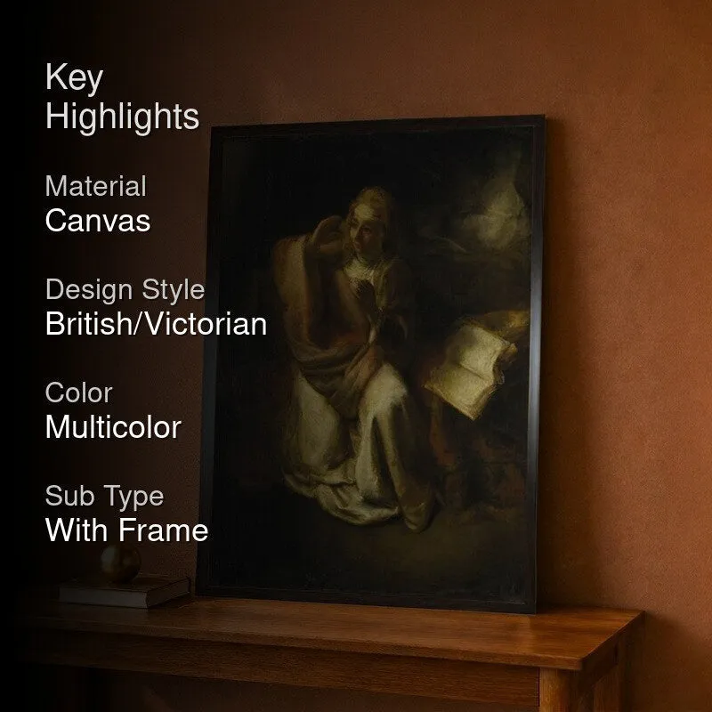 Framed wall painting styled in a room setting with dark, moody tones