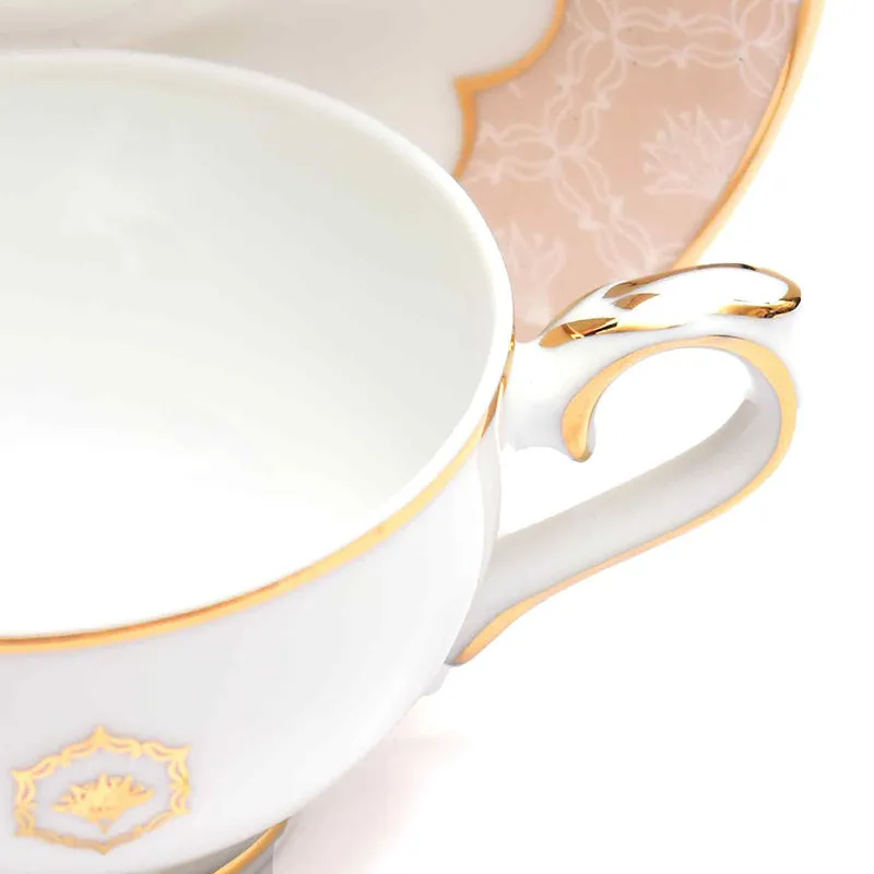 Gilded Legacy 24k Gold Brushed Porcelain Tea Cup & Saucer (Peach/ 280 mL) - Set of Six media 5