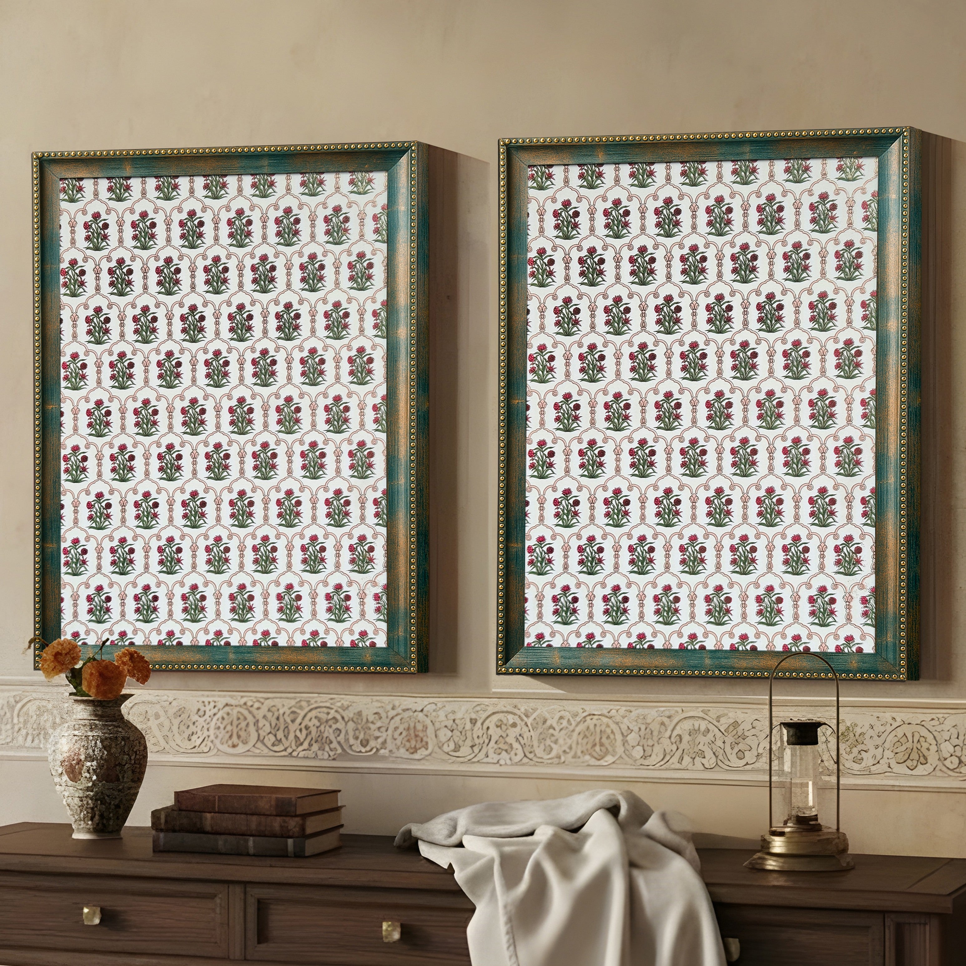 Traditional Floral Pattern Wall Painting With Frame - Set Of Two