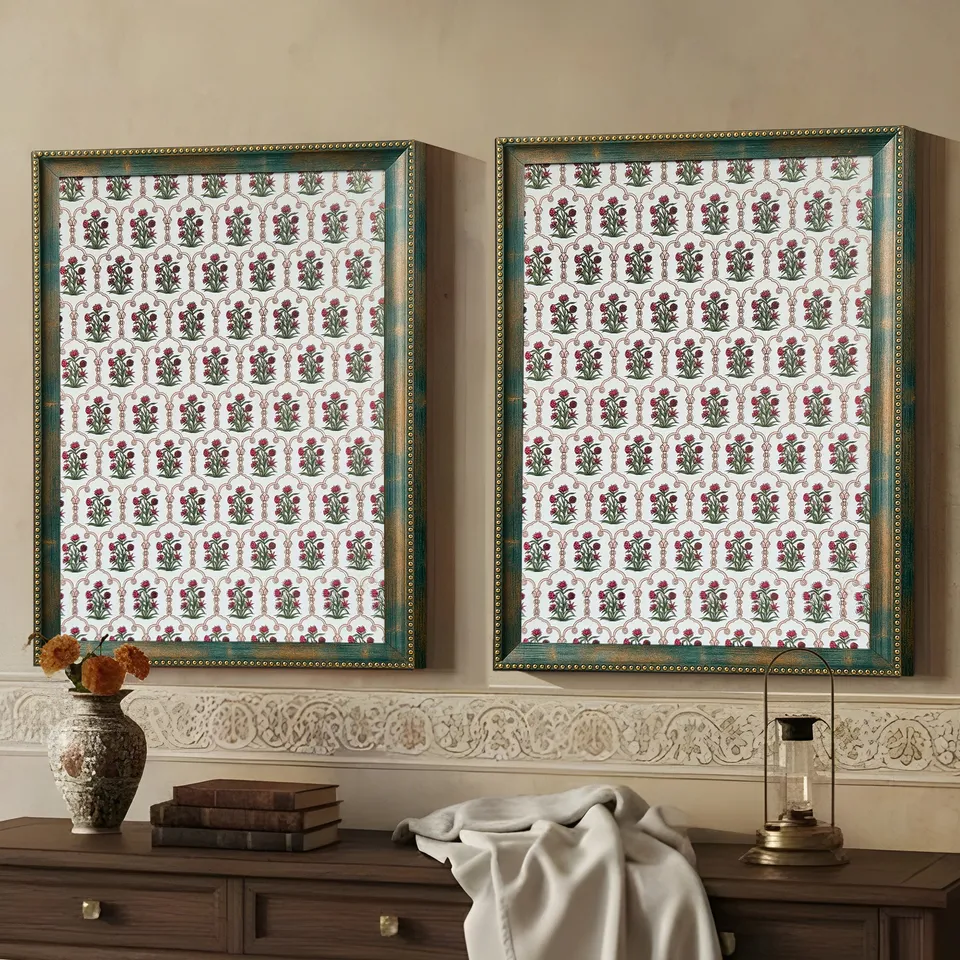 Traditional Floral Pattern Wall Painting With Frame - Set Of Two media 1