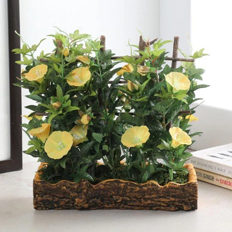 Faux Morning Glory Bonsai In Rustic Pot (27 cms) - Yellow & Green media 1