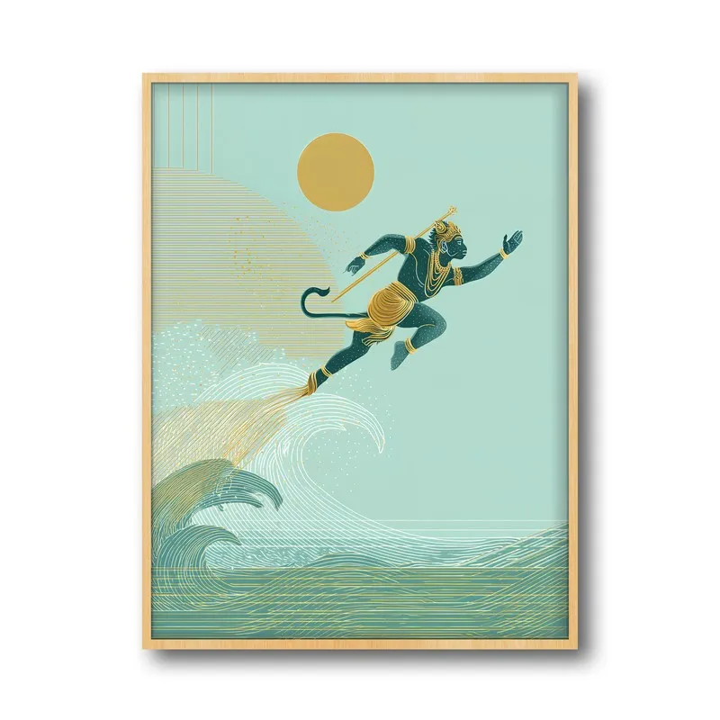 Shri Hanuman Ji Flying Archival Paper Wall Art - Natural Brown Frame media 5