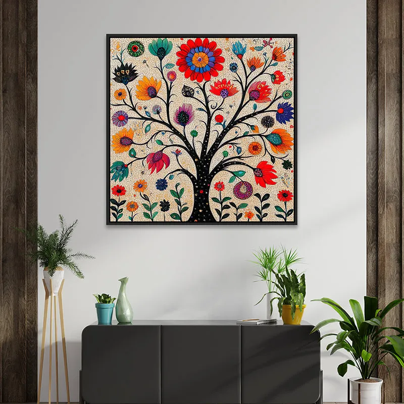 Floral Psych Canvas Wall Painting With Frame - Black media 1