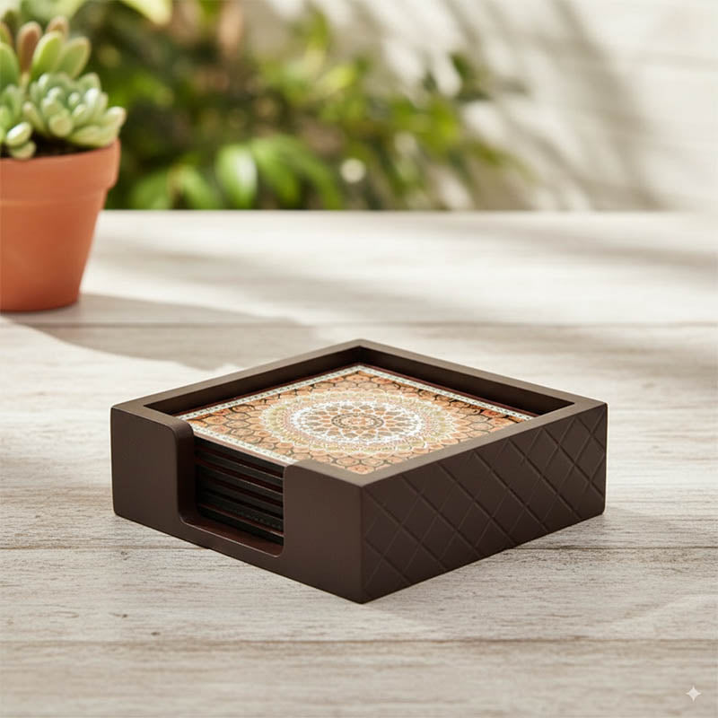 Abstract Designer Wooden Coasters with Holder - Seven Piece Set