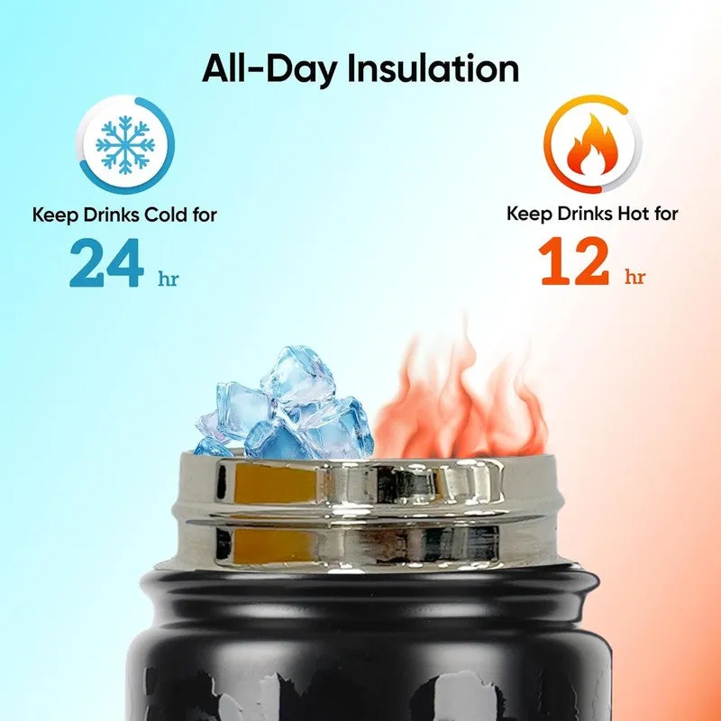 Close-up of black bottle mouth with ice and hot-cold insulation graphic