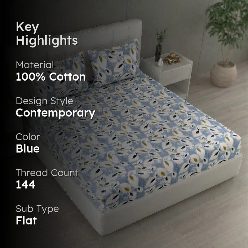 Blissy Printed Pure Cotton Bedsheet (Blue) - 144 TC - 2