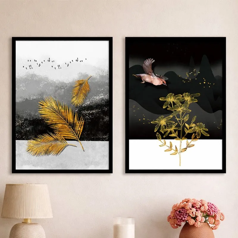 Nature Glide Paper Wall Painting With MDF Frame (Black) - Set Of Two media 4