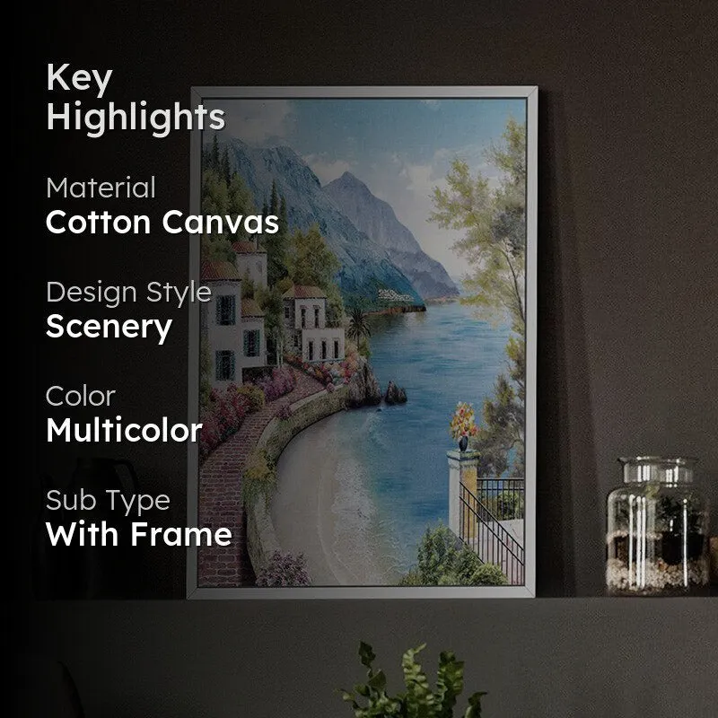 Framed coastal wall art styled in a dark interior setting