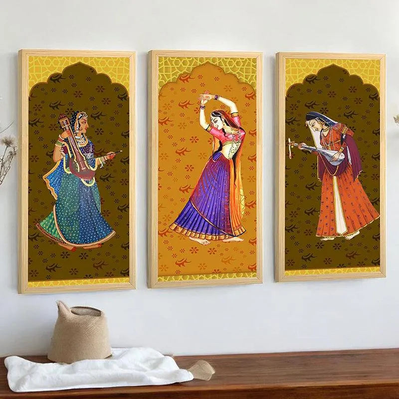 Nritha Vilasini Mughal Wall Art With Frame (Brown) - Set Of Three media 1