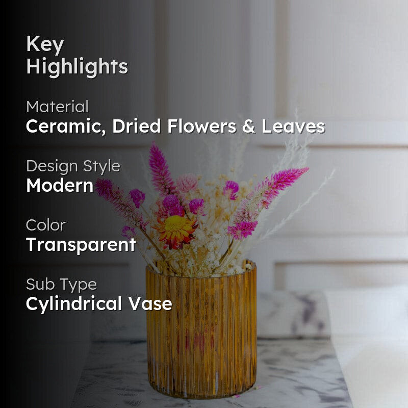 Amber Ribbed Ceramic Cylinder Vase with Dried Flowers media 2