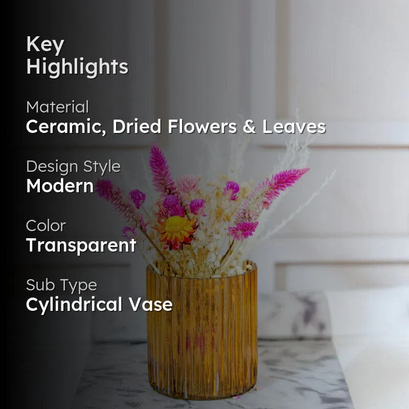 Amber Ribbed Ceramic Cylinder Vase with Dried Flowers media 2