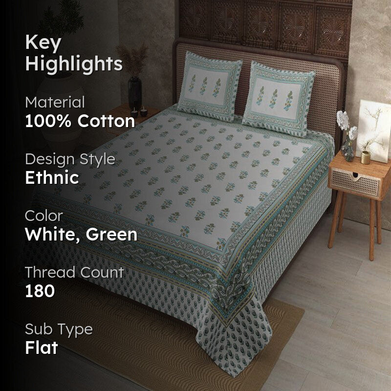 Vira Ethnic Cotton Bedsheet (White,Green) - 180 TC media 2