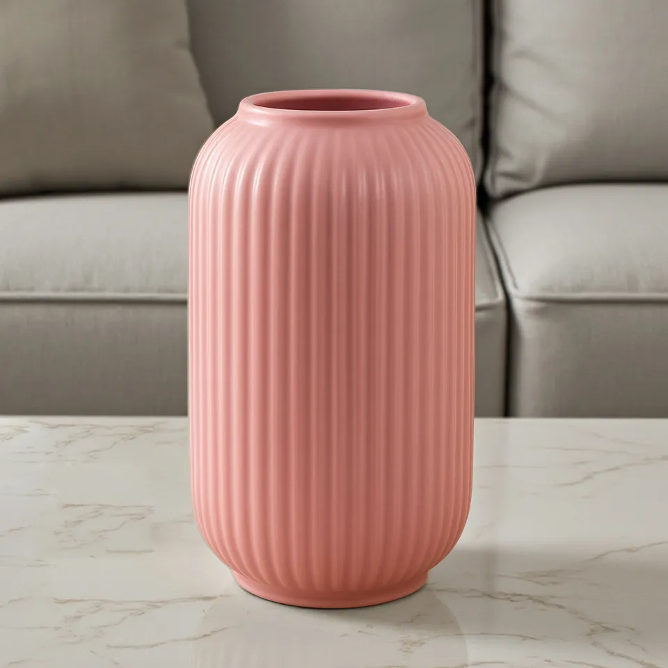 Opulent Ribbed Ceramic Vase - Pink media 3