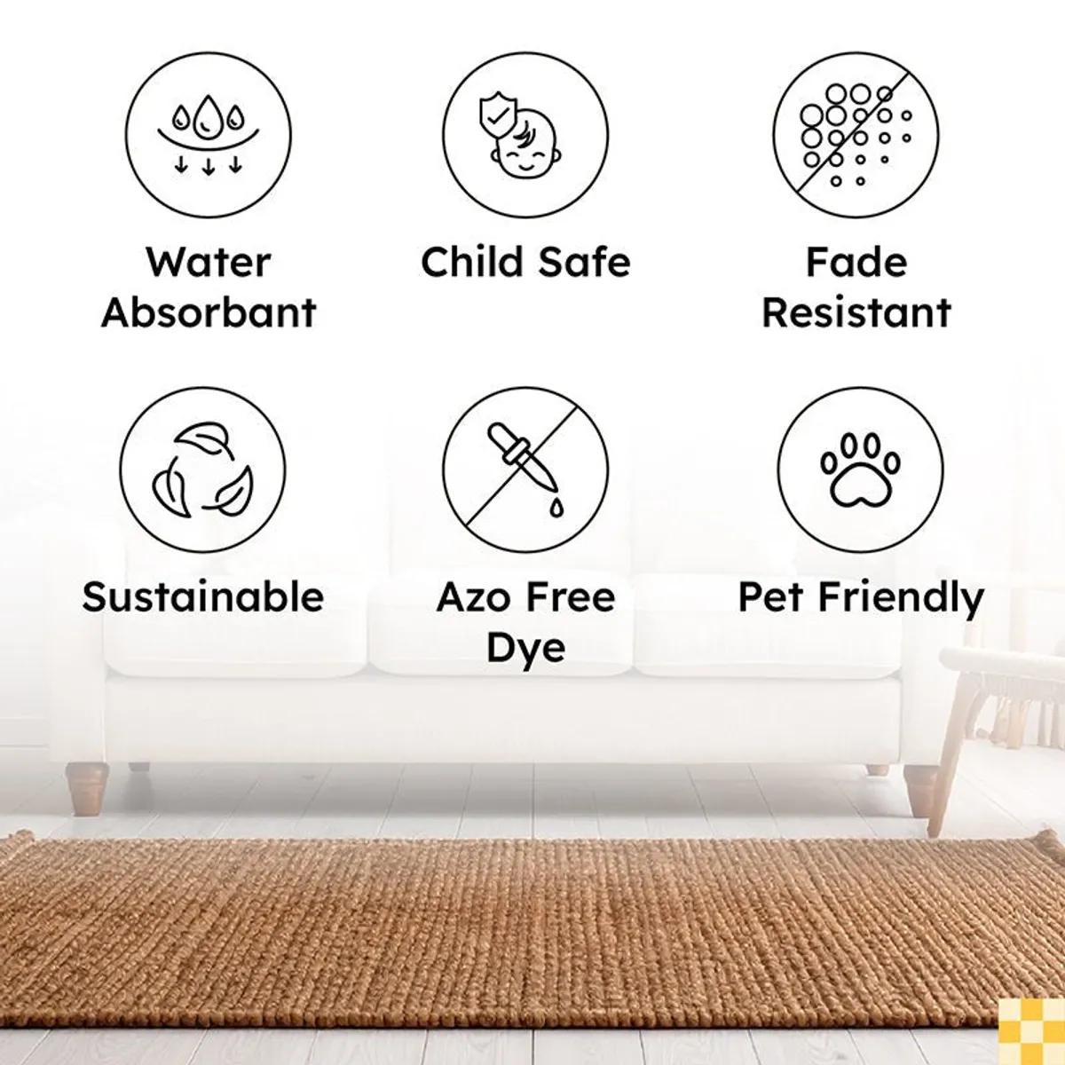 Feature icons showing water absorbent, child safe, fade resistant and pet friendly