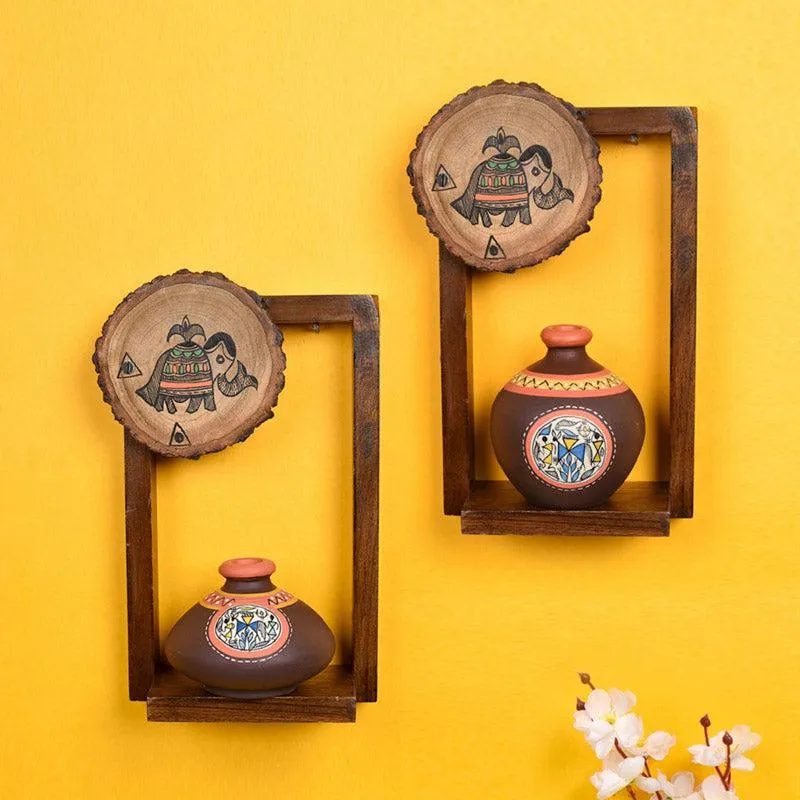 Karishma Terracotta & Wood Wall Shelve With Pot - Four Piece Set media 1