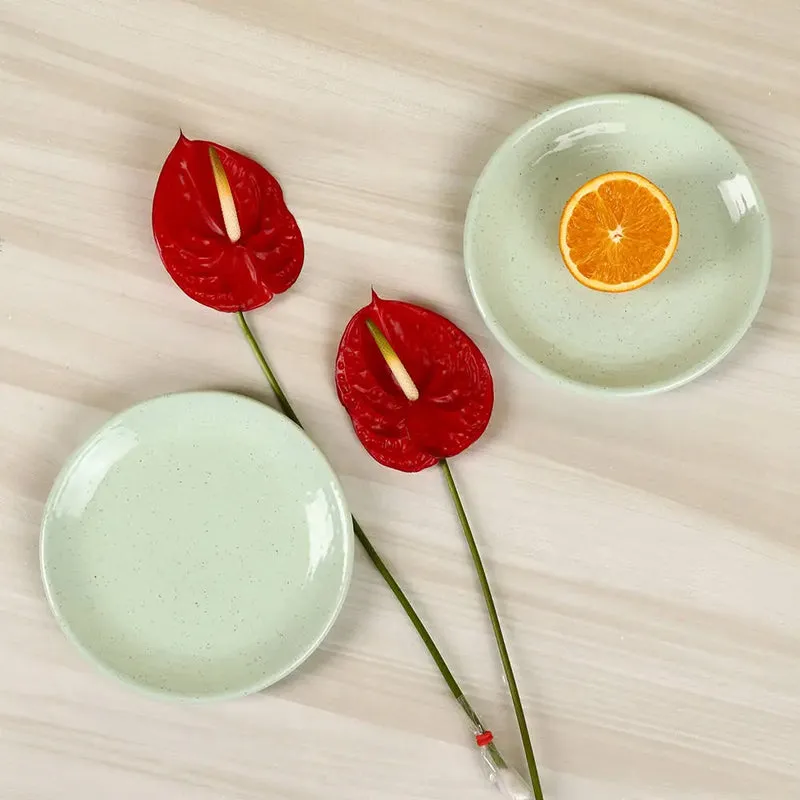 Two pale green ceramic quarter plates with red flowers on a light surface
