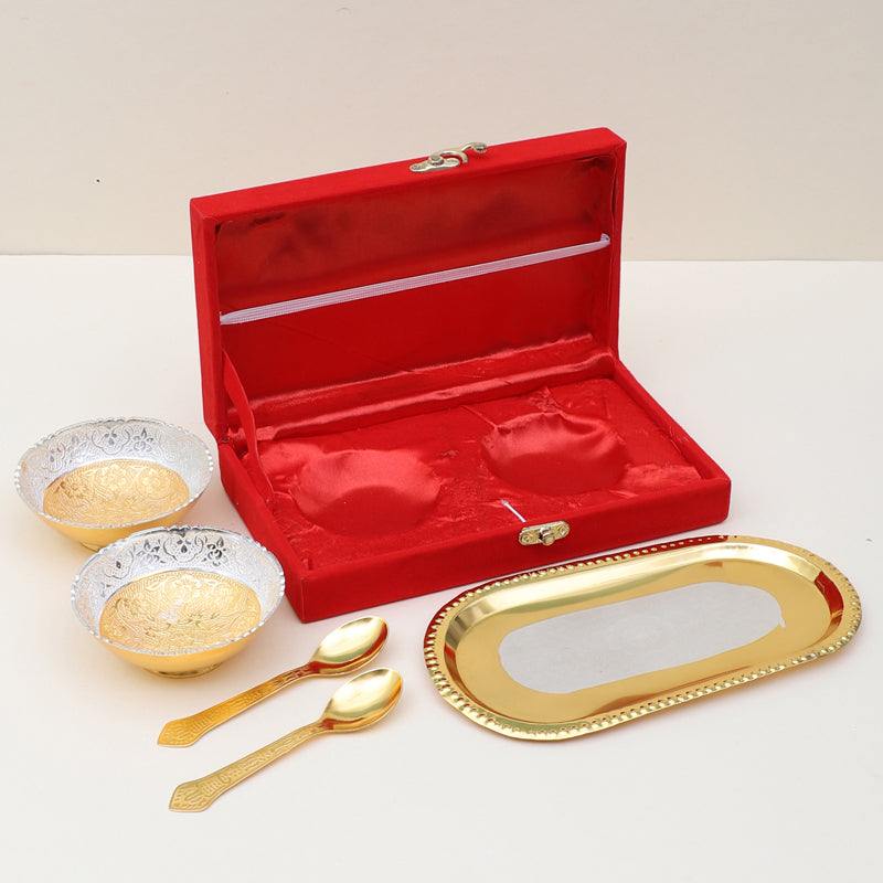 Luxurious German Silver & Gold Dessert Bowl Set with Tray and Spoons - Ethnic Design media 4