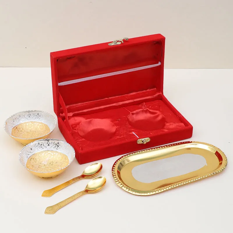 Luxurious German Silver & Gold Dessert Bowl Set with Tray and Spoons - Ethnic Design media 4