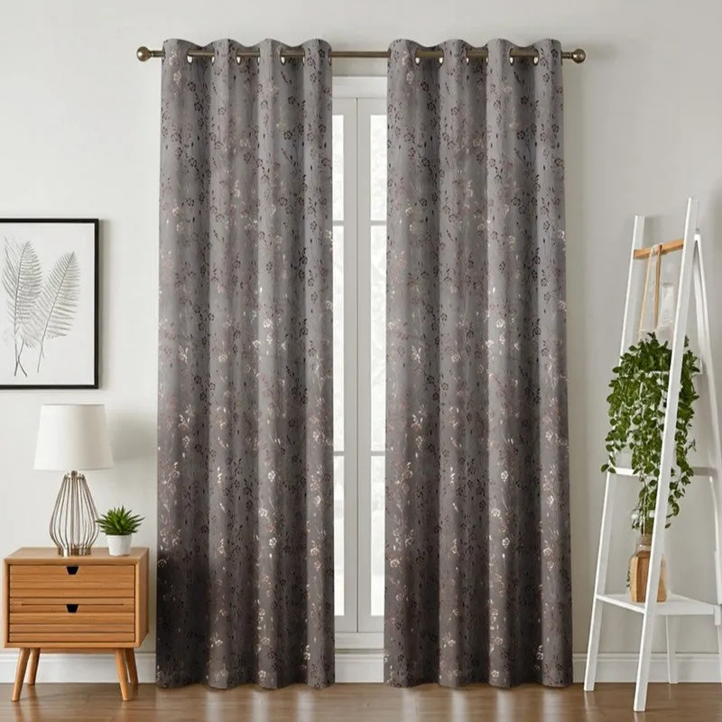 Glow Touch Printed Velvet Curtains (Grey,Gold) - Set Of Two media 1