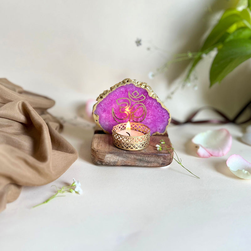Om Handcrafted Agate Religious Accent With Tealight Candle Holder - Pink