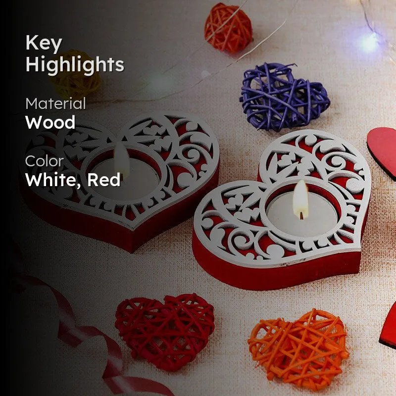 Intricate Heart Wood Tea Light Holder (Red) - Set Of Two media 2